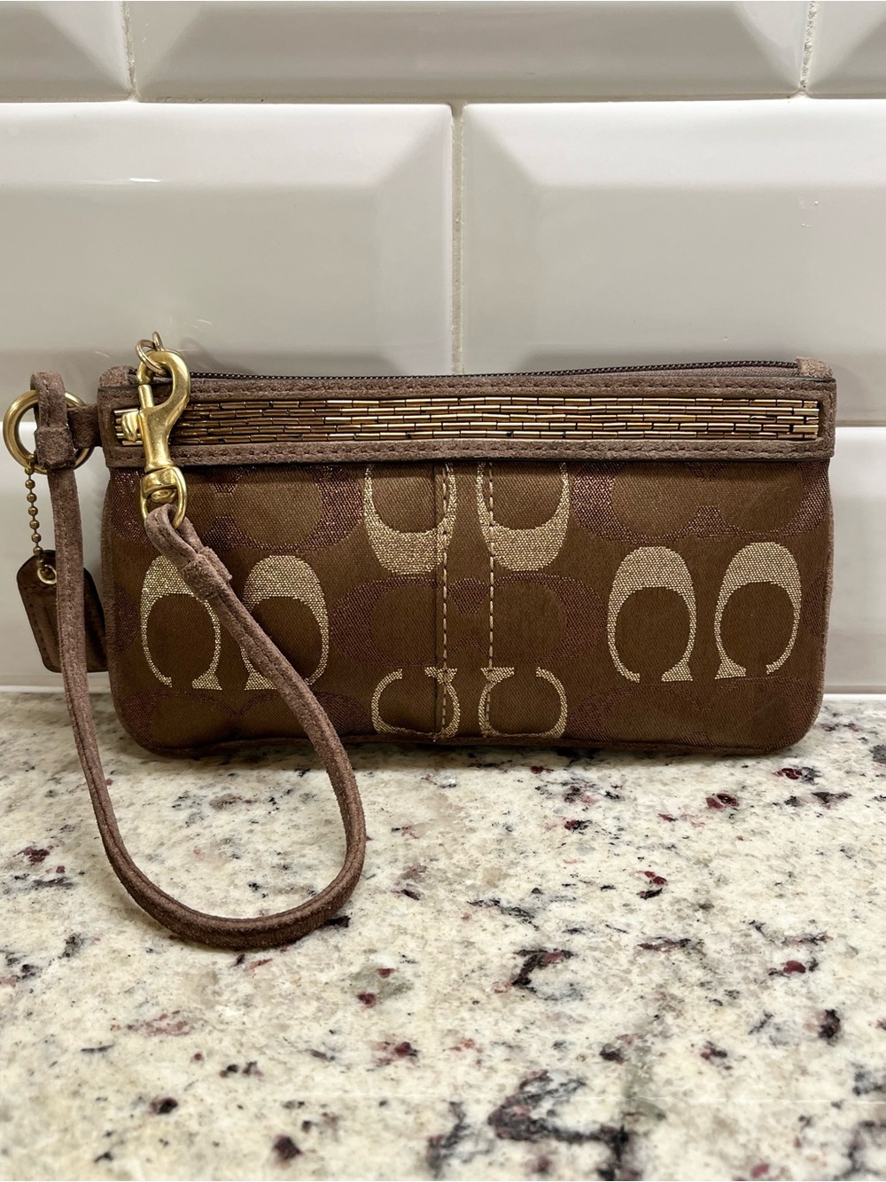 Coach Signature Canvas Brown Embellished Wristlet Clutch NWOT